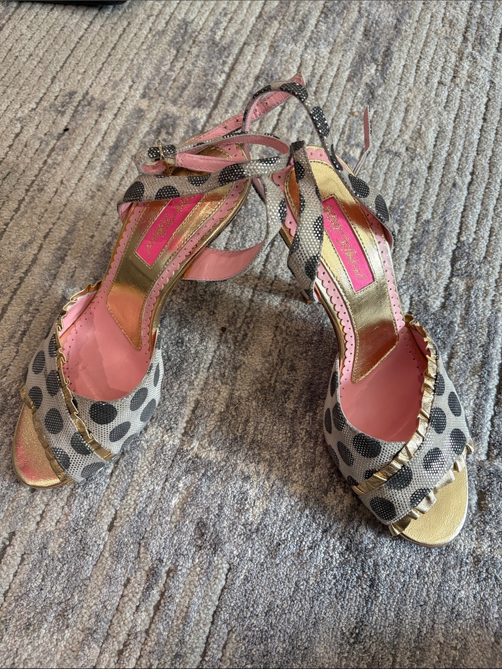 Betsey Johnson Black & Pink Polka Dot Ruffle Ankle-Strap Heels Pin Up girl